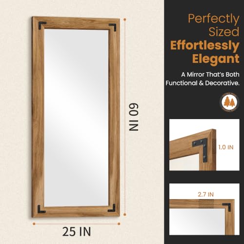 Wood Framed Full Length Mirror for Wall, 60"X25" Floor Standing Body Mirror | Solid Wood Frame, HD Shatterproof Glass, Hanging or Leaning Mirror for Bedroom, Living Room, & Entryway - size: 60"L x 25"W