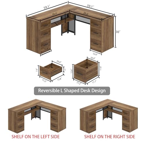 HSH L Shaped Desk with Drawers, 59 Inch Rustic Oak Corner Desk with Storage | Large Home Office Corner Computer Desks with Storage File Cabinet, Modern Metal Wood Desks for Executive Writing Workstation - color: Rustic Oak