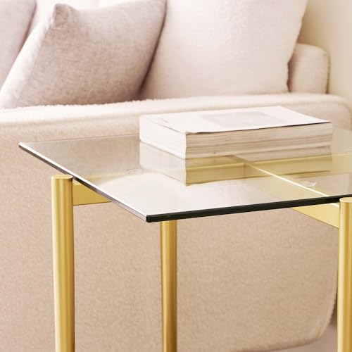 LumFurn Square Glass End Table, Mid-Century Modern Side Table for Living Room, L18xW18xH23inch, Clear Glass and Walnut MDF Wood, Gold Finish Frame - color: L18" Clear & Walnut