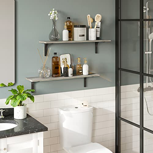 Long Wall Shelves, 23.6Inch Wooden Wall Mounted Shelves, Set of 2 | Floating Book Shelf, Metal Brackets, Easy Assembly, Max Load 22lbs, Wall Storage Ledges, Bedroom/Bathroom/Kitchen, Gray Wash - color: Gray Wash, size: 23.6 Inch