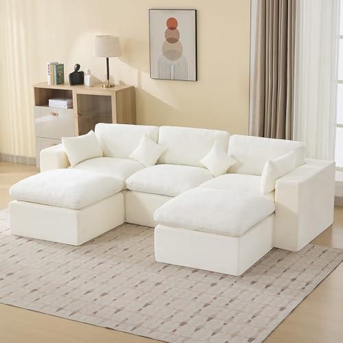 115'' Cloud Boneless Sectional Couch, Modular Sectional Sofa Deep Seat with 2 Ottomans, Oversized Upholstered Convertible Comfy 5 Seater Chenille Sofa U Shape Couches for Living Room, Beige - color: Beige, size: 115"/3 Seater+2 Ottoman