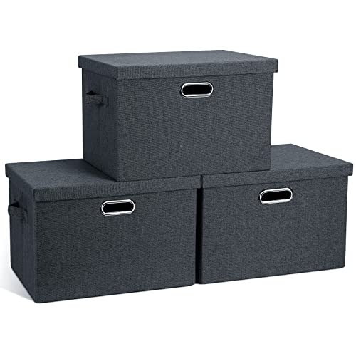 Graciadeco Large 17" 36 Quart Collapsible Stackable Storage Bins with Lids, 3 Packs Dark Gray Foldable Fabric Closet Storage Boxes with Lids, Heavy-duty Linen Cube Baskets(17x12x11) | 36 Quart 3 Pack Dark Gray Collapsible Stackable Linen Fabric 4 Handles