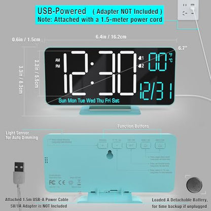 Digital Alarm Clock, 6.7in Digital Clock for Bedroom, Auto Dimming, Room Temperature, Day of The Week, Seconds, Date, Desk Clocks for Living Room, Alarm Clocks for Bedrooms - color: Blue (White + Blue Digits)