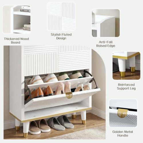 Shoe Storage Cabinet with 2 Flip Drawers & Open Shelves | Fluted Panel, Hidden Storage, Modern, Freestanding, Wooden, Narrow Shoe Cabinet for Entryway Small Room Apartment, White