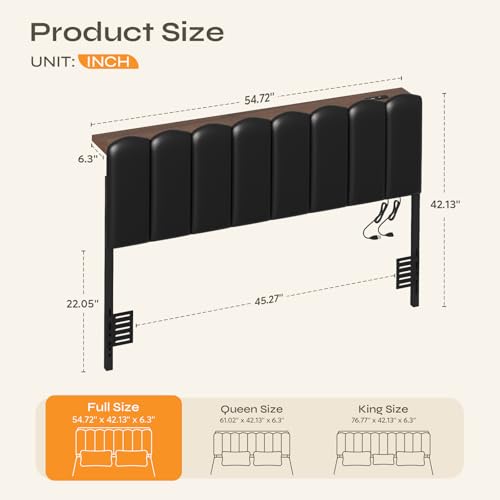 Full LED Light Headboard with Storage Shelf, Black | RGB LED 20 colors 21 modes, remote control, scalloped tufted, USB-A & Type-C ports, storage shelf, adjustable, foam padded - color: Black, size: Full
