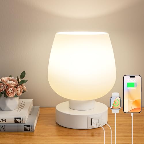 Touch Table Lamp for Nightstand - Bedside Lamp with USB C+A Charging Ports for Bedroom Living Room Night Stands, Desk Lamp with White Glass Shade for Small Spaces, 3 Way Dimmable, LED Bulbs, Gifts - color: White_1Pack, size: USB