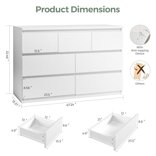 Jocoevol Modern White 7 Drawer Dresser for Bedroom, Simply Chest of Drawers, Wood Storage Dresser with Deep Drawers for Living Room Hallway Entryway, White - color: White