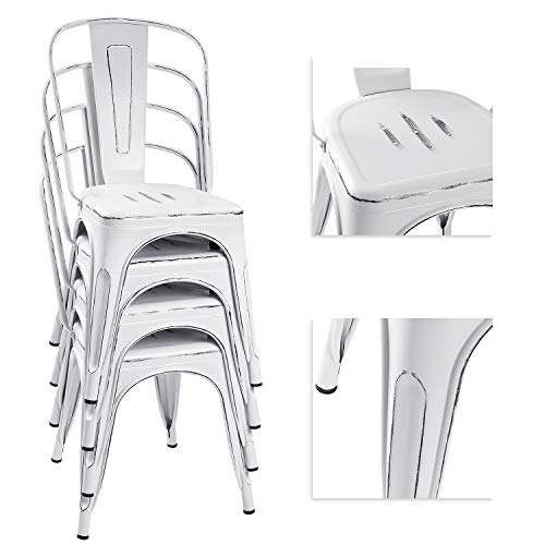 Devoko Metal Indoor-Outdoor Chairs Distressed Style Kitchen Dining Chairs Stackable Side Chair with Back Set of 4 (White) - color: White