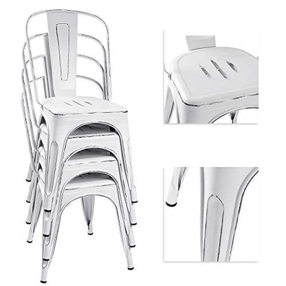 Devoko Metal Indoor-Outdoor Chairs Distressed Style Kitchen Dining Chairs Stackable Side Chair with Back Set of 4 (White) - color: White