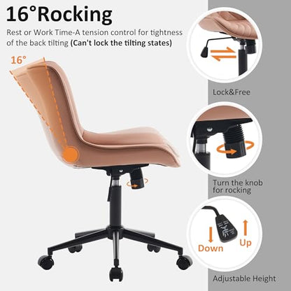 YOUTASTE Pink Modern Office Chair, Faux Leather Armless Desk Chair with Wheels, Height Adjustable, Swivel, Rocking, 300 lbs Capacity, Metal Base, for Home Office Vanity - color: Nude Pink