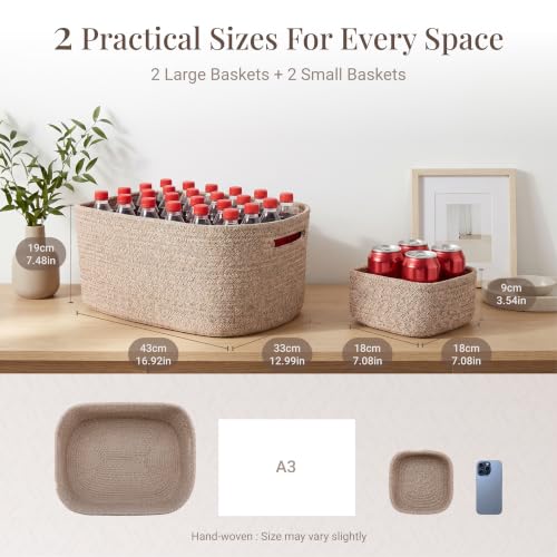 4-Pack Large Woven Rope Storage Baskets, 2 Sizes Organizer Bins | Fabric Cube Boxes and Rectangular Shallow Bins for Closet, Shelf, Bookshelf, Nursery, Changing Table, Bathroom, Toys & Home - color: natural, size: 2pcs-16.92*12.99*7.08'' & 2pcs-7.08*7.08*