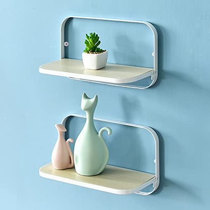 WELLAND Arlington Floating Shelves Set of 2 | Folding Display Wall Shelves | Walnut Grain Wooden Board & Metal Frame | 12" W x 5" D x 7" H | White (Upgraded) - color: White+wood Grain
