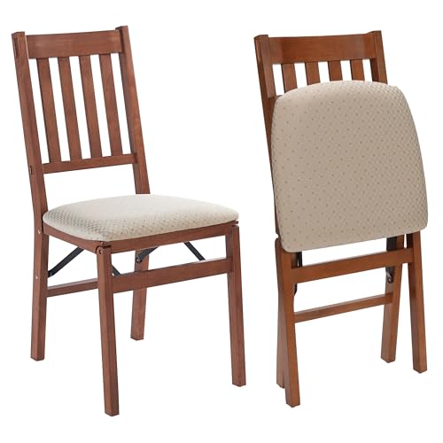 Stakmore Arts and Crafts Wooden Folding Chairs with Padded Seats, Set of 2 - No Assembly Foldable Dining Chairs, Steel Folding Mechanism, Upholstered Cushion, Space-Saving, Fruitwood Frame - color: Fruitwood