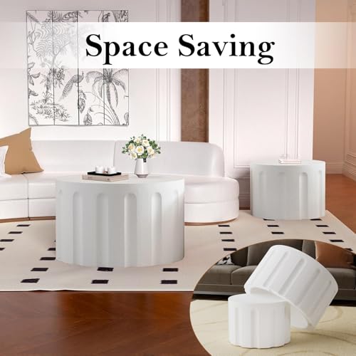 Nesting Coffee Table Set of 2 with Non-Slip Feet (White 26.8+19.7in) | Modern White Matte Spray Paint Accent End Table Set No Assembling for Living Room - color: White 26.8+19.7in
