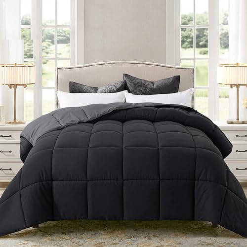 Sleepdown Twin Comforter Set - All Season Reversible Black & Grey Twin Comforter with 1 Pillow Shams, Soft Breathable Microfiber Bedding Set, All Season Lightweight Twin Size Comforter - color: Black/Grey, size: Twin (66"x88")