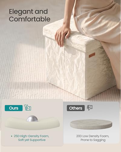 SONGMICS Storage Ottoman, Textured PU Leather Footstool, Foldable Footrest with Cushion, for Living Room and Bedroom, 15 x 15 x 15 Inch, White, Minota Collection ULSF522WD01 - color: White (Wthout Legs)