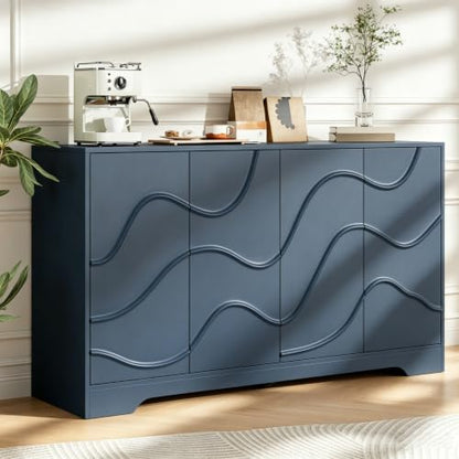 Godchoices 56" Sideboard Buffet Cabinet with Storage, Modern Accent Credenza with Wavy Doors & Adjustable Shelf, Console Cabinet for Kitchen,Living Room,Dining Room,Entryway,Hallway - color: 56" Blue