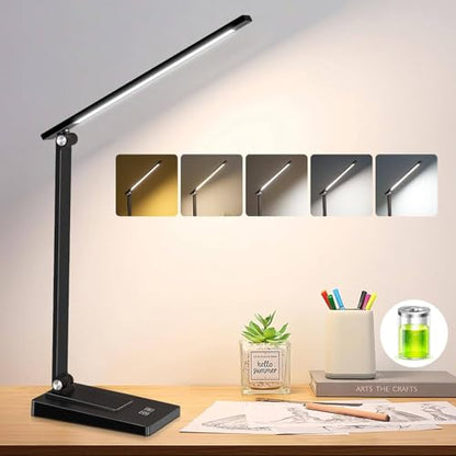Rechargeable LED Desk Lamp, 800LM 2600mAh Reading Table Lamp | 5 Color Modes 5 Brightness Touch LED Desk Lamps, Bedside Lamp with USB Charging Port for Study Home Office Nail, Black - color: Black