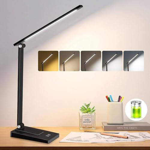 Rechargeable LED Desk Lamp, 800LM 2600mAh Reading Table Lamp | 5 Color Modes 5 Brightness Touch LED Desk Lamps, Bedside Lamp with USB Charging Port for Study Home Office Nail, Black - color: Black