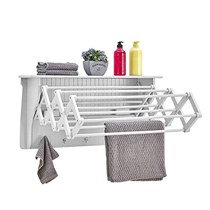 Danya B Accordion Clothes Drying Rack, Retractable, Wall Mounted Towel Rack and Hooks for Clothes and Towels for use in Laundry Room or Garage - White