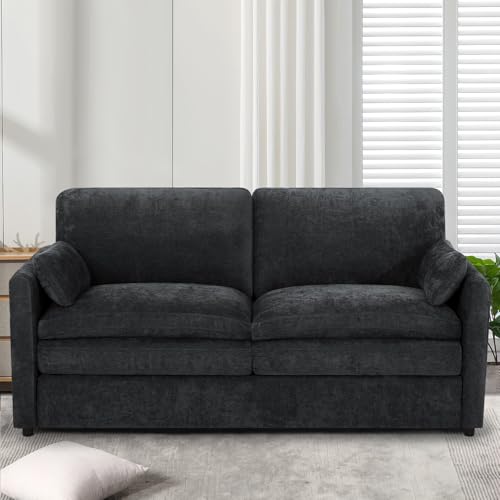 69" Chenille Modern Couch with Cozy & Soft Backrests, Black | 3 Seats Sofa with 2 Extra Pillows, Comfy Upholstered Sofa with Thicker Cushions for Living Room, Office - color: Black, size: Loveseat
