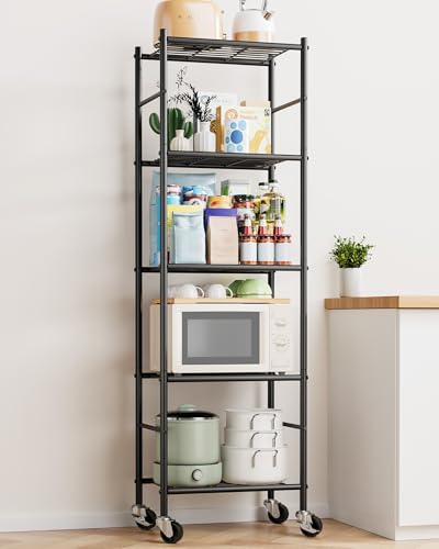 Sakugi 5-Tier Storage Shelves 18.1x12.6x58.7 Black with Wheels | Kitchen, Closet, Pantry, Garage, Heavy Duty, Adjustable Feet, Metal Construction - color: Black, size: 18.1W x 12.6D x 58.7H(5T)