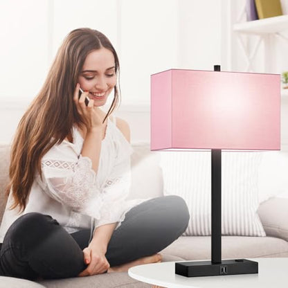 Lynnoland 21" Set of 2 Table lamp with USB A+C & AC Outlets, Touch Control 3-Way Dimmable Nightstand Lamps for Bedroom Living Room Office Reading, Pink Shade Touch Lamps, 5000K LED Bulbs Included - color: (2 Pack)Pink Line & Matte Black (Base)-Two 5000K B
