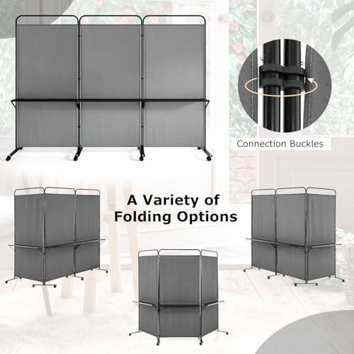 Giantex 3 Panel Room Divider with Wheels and Shelves, 103" W x 74" H Folding Privacy Screen, Rolling Partition Separator for Home Office Studio, Fabric Wall Divider for Room Separation (Gray) - color: Grey