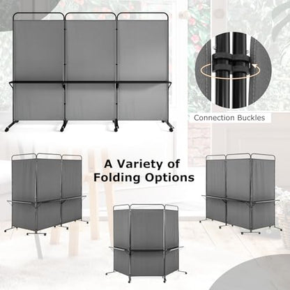 Giantex 3 Panel Room Divider with Wheels and Shelves, 103" W x 74" H Folding Privacy Screen, Rolling Partition Separator for Home Office Studio, Fabric Wall Divider for Room Separation (Gray) - color: Grey