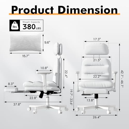 GXJ Criss Cross Legged Office Chair with Flip-up Arms, Footrest, G800 Plus | 6.3" Cushion Relieves Tailbone Pain, Head-Lumbar Support Eases Fatigue, Smooth Rolling Wheels, Corduroy Desk Seating, White - color: White
