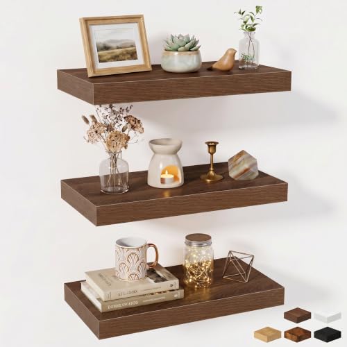 Fun Memories Wood Floating Shelves 20 Inch, 10 Inch Deep Shelves Wall Mount, Wall Shelves with Invisible Bracket, 20" Floating Shelves for Living Room Bathroom Bedroom, Walnut, Set of 3 - color: Walnut, size: 20W x 10D x 1.5H