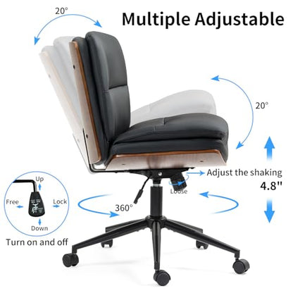 Armless Modern Walnut Office Desk Chair with Wheels, PU Leather Adjustable Wide Swivel Task Chair, Ergonomic Cross Legged Computer Chair for Conference Room, Home Office (Black) - color: Black