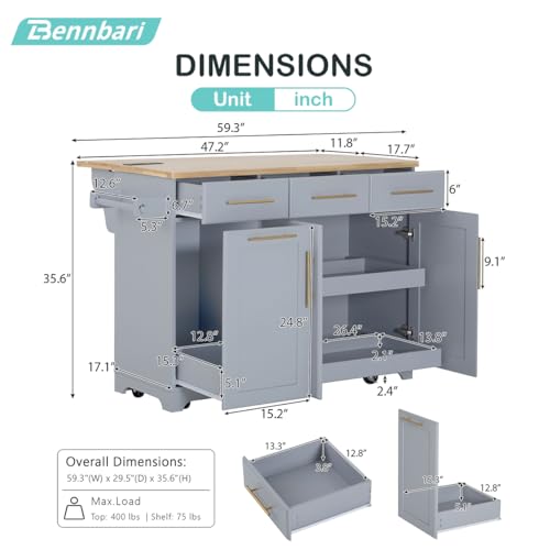 59.3" Rolling Kitchen Island with Trash Can Storage, Mobile Kitchen Storage Island with Drop Leaf, Power Outlet, Pull Out Cabinet Organizer (Greyblue) - color: Greyblue