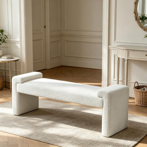 Upholstered Entryway Bench, 58.7" Modern Bedroom Bench, White | Sherpa Fleece, Curved Armrests, Solid Wood Frame, End of Bed, Bedroom, Living Room, Hallway - color: White-sherpa, size: 58.7"