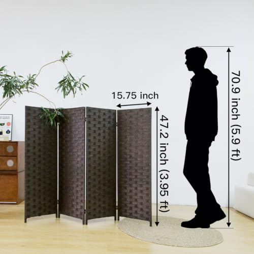 4 Panel Double Sided Short Room Divider for Room Separation, Dark Brown Rattan Folding Privacy Screen, Freestanding Partition Screen for Home Office - 3.95 ft Tall - color: Dark Brown, size: 4 Panel