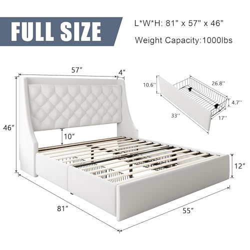Full Size Upholstered Platform Bed Frame with 4 Storage Drawers and Charging Station, Linen Button Tufted Wingback Headboard, Sturdy Wooden Support Slats, No Box Spring Needed, White - color: White, size: Full