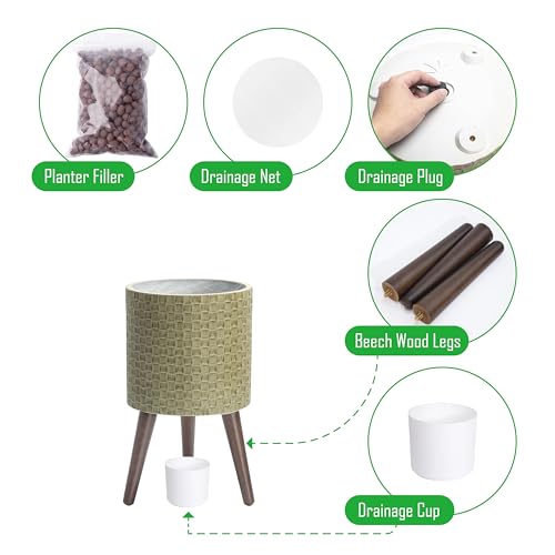 D'vine Dev Planter Pot with Wood Stand, 10 in, Distressed Olive, 88-Z-B-4 | Mid-Century Modern Style, Elevated Plant Display, Drainage Hole and Plug, Functional & Stylish, Modern Indoor Planter - color: Distressed Olive, size: Medium