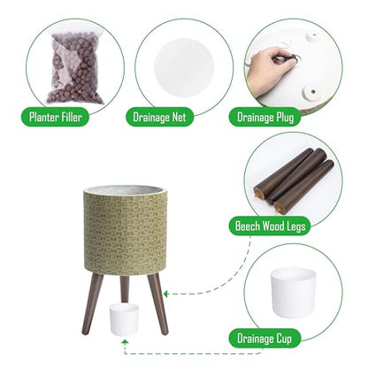 D'vine Dev Planter Pot with Wood Stand, 10 in, Distressed Olive, 88-Z-B-4 | Mid-Century Modern Style, Elevated Plant Display, Drainage Hole and Plug, Functional & Stylish, Modern Indoor Planter - color: Distressed Olive, size: Medium
