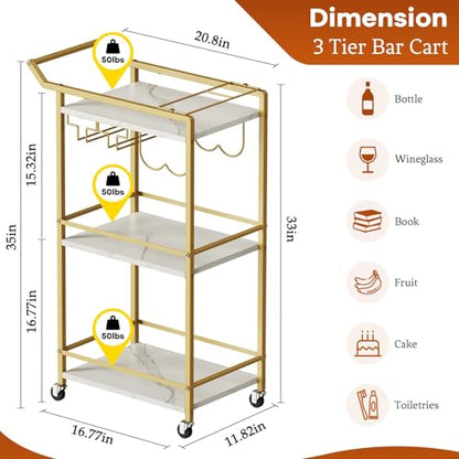 3 Tier Bar Cart Mini Liquor Utility Cart for Wine Beverage Dinner Party | Rolling Wine Coffee Drink Serving Cart with Lockable Wheels for Home Kitchen Bars (Gold) - color: Gold - 11.8"d X 20.8"w X 35.4"h