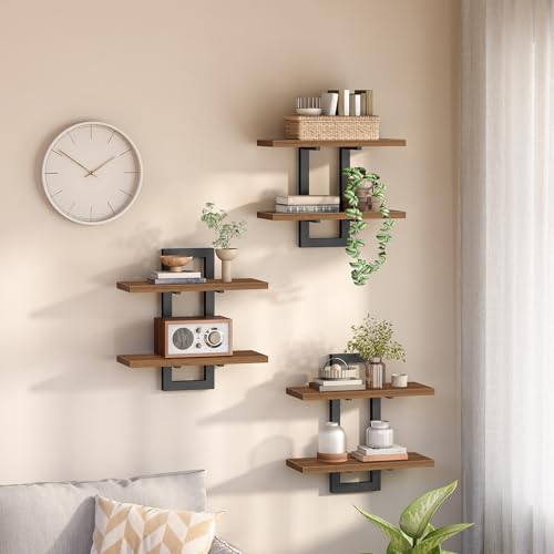 HOOBRO Floating Shelves, 15 Inch Wall Shelf Set of 3, Wall Mounted Storage Shelves 2-Tier, Hanging Bathroom Shelves, for Living Room, Bedroom, Bathroom, Kitchen, Walnut and Black BH32BJP301 - color: Walnut + Black