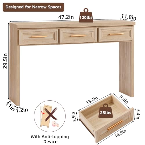 RWYHG 47" Entryway Table with 3 Drawers, Modern Wood Console Table, Natural | Layered Drawer Front Design , Open Bottom Storage, Farmhouse Behind Couch Table, Entry Table for Living Room Hallway& Foyer - color: Natural