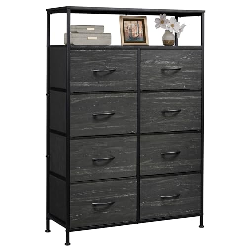WLIVE 8 Drawer Fabric Dresser Open Shelves, Tall Bedroom Chest, Charcoal | 8 fabric drawers plus open shelves, steel frame with wood top, great for bedroom closet entryway and dorm storage - color: Charcoal Black Wood Grain Print, style: Raised Shelves