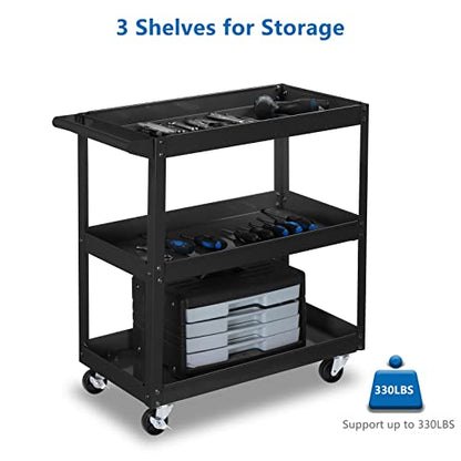 TUFFIOM 3 Tier Rolling Tool Cart, 330 Lbs Capacity, with Ergonomic Handle, Black - color: Black