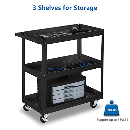 TUFFIOM 3 Tier Rolling Tool Cart, 330 Lbs Capacity, with Ergonomic Handle, Black - color: Black