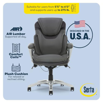Serta Bryce Executive Office Chair - Ergonomic Computer Desk Chair with Patented AIR Lumbar Technology - Adjustable Height - Memory Foam Body Pillows - 360° Swivel Rolling Base - Bonded Leather - Gray - color: Grey