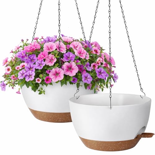 TYMENSH Hanging Plant Pots 12 Inch Set of 2, Self Watering Hanging Planters with Drainage Holes, Removable Saucer, Durable Plastic Flower Pots with Chains for Indoor Outdoor Plants, White - color: White