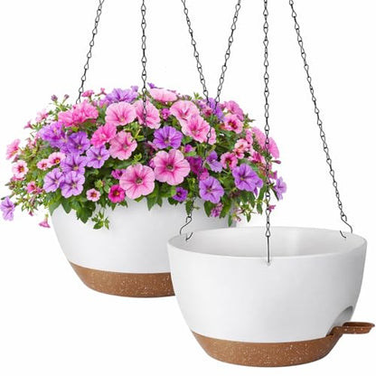TYMENSH Hanging Plant Pots 12 Inch Set of 2, Self Watering Hanging Planters with Drainage Holes, Removable Saucer, Durable Plastic Flower Pots with Chains for Indoor Outdoor Plants, White - color: White