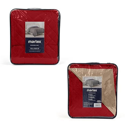 Martex Reversible Coverlet – Full Queen Size Quilt - Lightweight Full Size Bedding– Durable Queen Size Quilts for Bed – Soft - Easy Care Bedding – Khaki/Red - color: Khaki/Red, size: Full/Queen