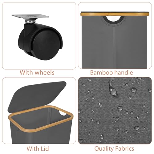 Laundry Basket with Wheels,100L Hampers for Laundry,Large Laundry Hamper with Lid and Bamboo Handles,Collapsible & Waterproof Tall Cloth Hamper for Dormitory Family,Grey - color: Grey, size: 100L with Wheels