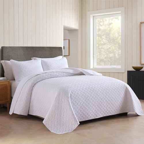 Wistown Cotton Bedspread Quilt Bedding Set, Queen Size, White | 3 Pieces Reversible Lightweight Soft Coverlets Comforters, All Seasons, Weave Stitching Pattern - color: White Weave Pattern, size: Queen (90 by 98inch)